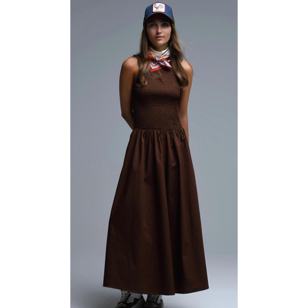 NEW Q2 poppy smocked maxi dress in brown